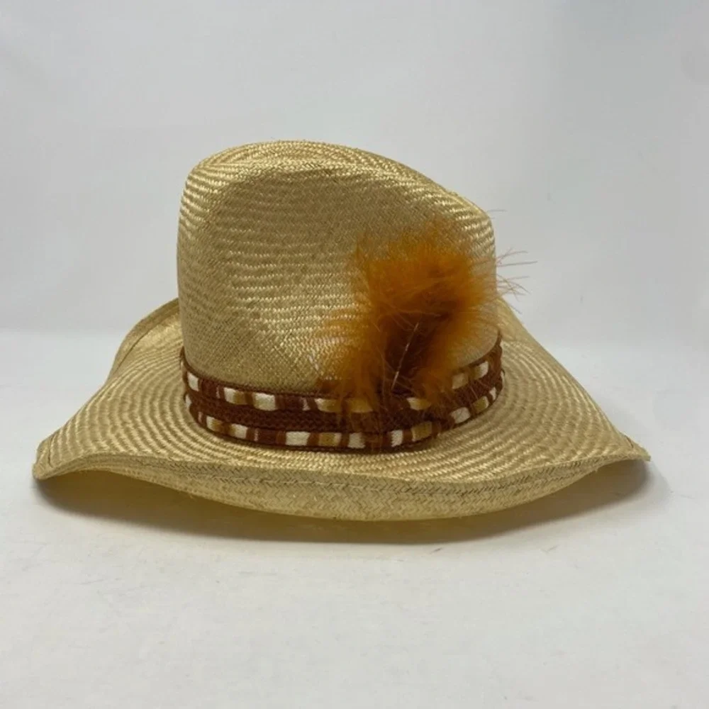 Vtg Stomper Unisex Cowboy Hat Woven‎ Band Feather Accent Straw  Western Rodeo